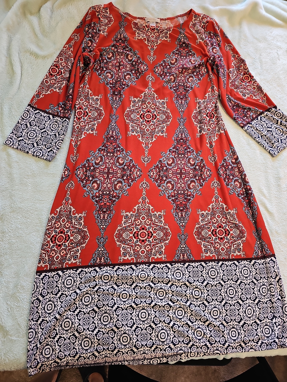 London Times-Red Patterned A-Line Dress